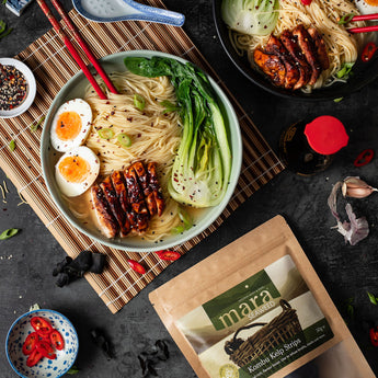 Kombu Ramen with soy glazed chicken, pak choi and a jammy egg